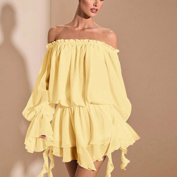 Yellow Boho Women's Elegant French Style Off Shoulder Long Sleeve Shirt Dress - Picture 8 of 9